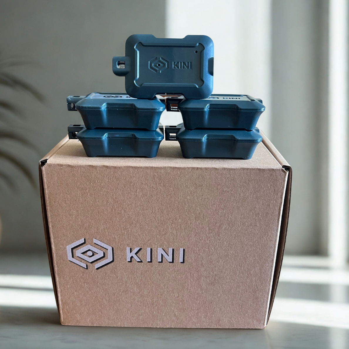 Five Gun-Metal Gray Kinis sitting on a Kini Box.