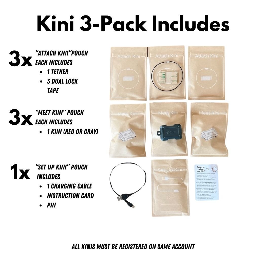 Graphic showing what is included with a Kini 3-Pack. Kini Wireless Motion Sensor (3 Pack) and the corresponding packaging.