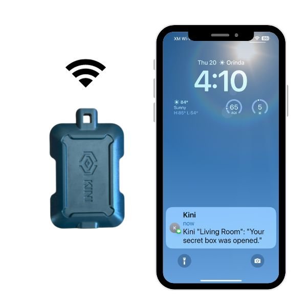Gray Kini Wireless Motion Sensor side by side with iPhone and SMS Message "Your Secret Box Was Opened" 